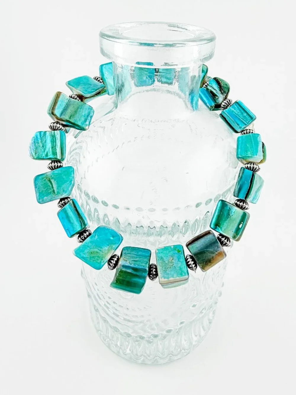 Boho Teal Abalone Shell Nugget Stretch Bracelet - Iridescent Ocean Blue